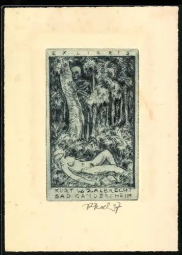 Exlibris Kurt W. Albrecht, Bad Gandersheim, Skelett und liegende nackte Frau im Wald