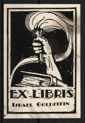 Exlibris Israel Goldstein, Buch und Fackel im Holzschnittstil