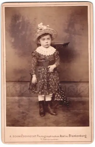 Fotografie A. Schmiedeknecht, Blankenburg, Obere Strasse 181, Porträt eines Kindes mit Hut und Schirm