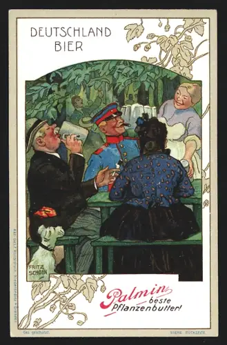 Sammelbild Mannheim, H. Schlinck & Cie., Palmin Pflanzenbutter, Deutsche sitzen mit Bier an einem Tisch
