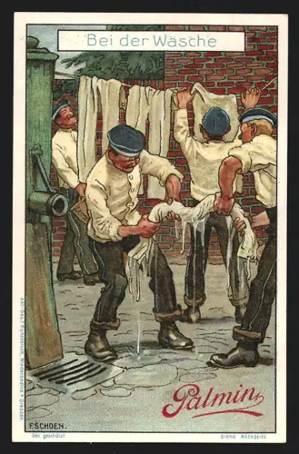 Sammelbild Mannheim, H. Schlinck & Cie., Palmin Pflanzenbutter, Soldaten bei der Wäsche