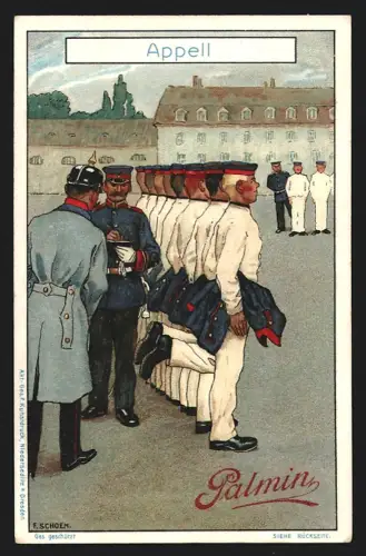 Sammelbild Mannheim, H. Schlinck & Cie., Palmin Pflanzenbutter, Soldaten beim Appell mit Uniformen unter dem Arm