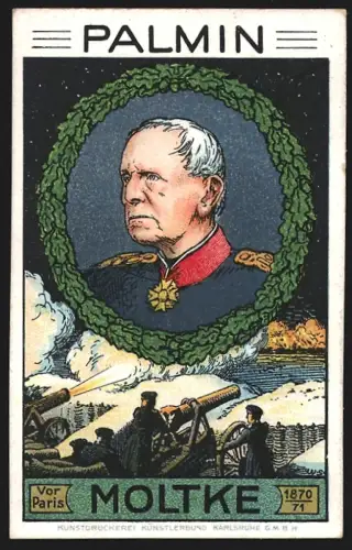 Sammelbild Hamburg, H. Schlinck & Cie., Palmin Cocosfett, Portrait von Moltke über einer Schlachtszene