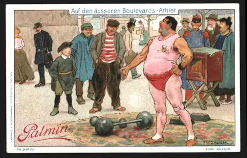Sammelbild Mannheim, H. Schlinck & Cie., Palmin Pflanzenbutter, Gewichtheber auf den äusseren Boulevards
