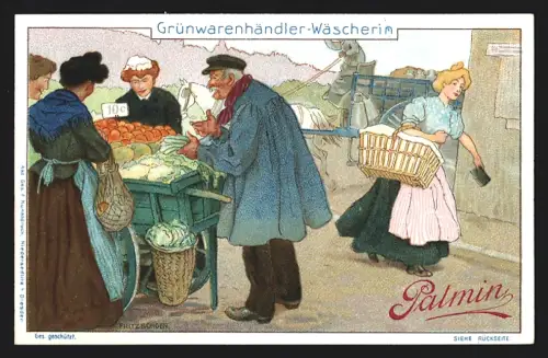 Sammelbild Mannheim, H. Schlinck & Cie., Palmin Pflanzenbutter, Grünwarenhändler und Wäscherin auf dem Markt