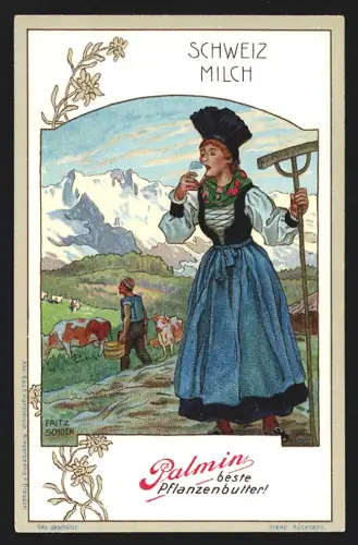 Sammelbild Mannheim, H. Schlinck & Cie., Palmin Pflanzenbutter, Frau in Tracht trinkt ein Glas Milch in der Schweiz