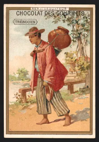 Sammelbild Trébucien, Chocolat des gourmets, Rep. de L`Equateur, Mann mit einem Gefäss auf dem Rücken