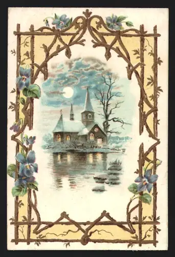 Sammelbild Lahn in Baden, C. Trampler, Kaffee-Zusatz, Verschneite Kirche im Mondschein