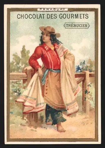 Sammelbild Trébucien, Chocolat des gorumets, Person in Paraguay in landestypischer Kleidung