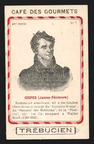 Sammelbild Trébucien, Café des Gourmets, Portrait von Autor James-Fénimore Cooper