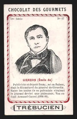 Sammelbild Trébucien, Chocolat des gourmets, Portrait von Publizist Émile de Girardin