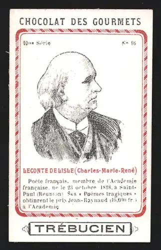 Sammelbild Trébucien, Chocolat des gourmets, Portrait von Dichter Charles-Marle-René Leconte de Lisle