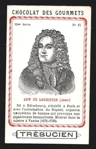 Sammelbild Trébucien, Chocolat des gourmets, Portrait von Offizier Jean Law de Lauriston
