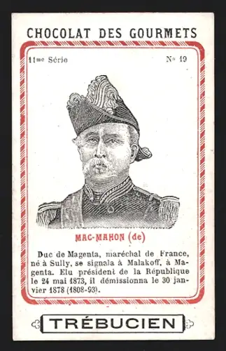 Sammelbild Trébucien, Chocolat des gourmets, Portrait von Marschall de Mac-Mahon