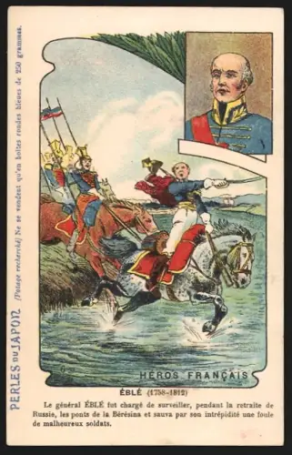 Sammelbild General Éblé reitet durchs Wasser, Perles du Japon A. Chapu