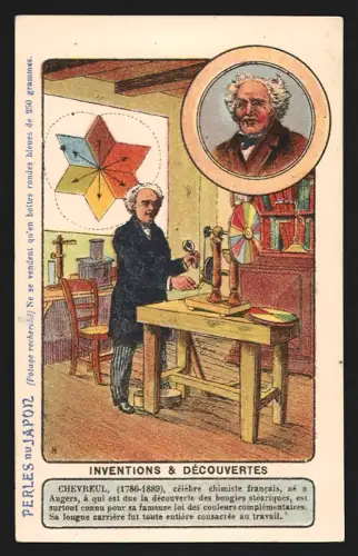 Sammelbild Chemiker Chevreul mit Farbrad, Perles du Japon A. Chapu