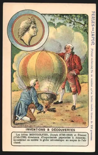 Sammelbild Brüder Montgolfier mit einem Heissluftballon, Perles du Japon A. Chapu