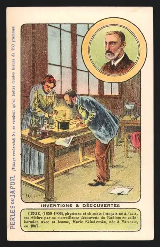 Sammelbild Curie und seine Frau Marie Skladowska, Perles du Japon A. Chapu