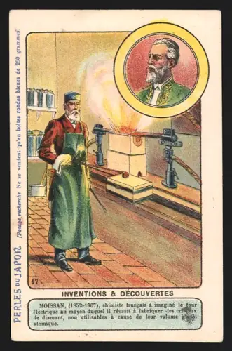 Sammelbild Chemiker Moissan, Perles du Japon A. Chapu