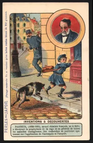 Sammelbild Chemiker Pasteur, Kind wird von Hund mit Tollwut gejagt, Perles du Japon A. Chapu