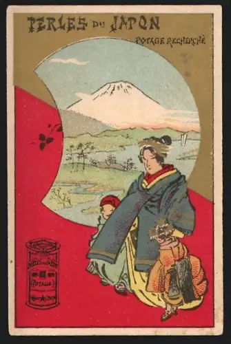 Sammelbild Japanische Frau mit zwei Kindern, Perles du Japon A. Chapu