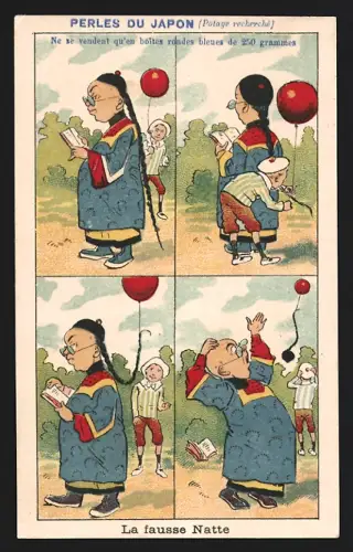 Sammelbild Kind befestigt einen Luftballon am Zopf eines Mannes, Perles du Japon A. Chapu