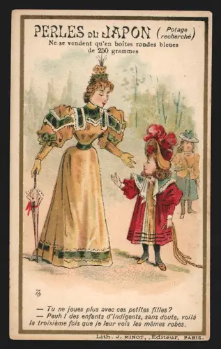 Sammelbild Dame und Mädchen in elegantem Kleidern, Perles du Japon A. Chapu