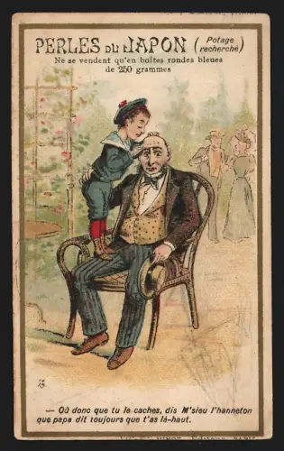 Sammelbild Junge schaut auf die Glatze eines Mannes, Perles du Japon A. Chapu