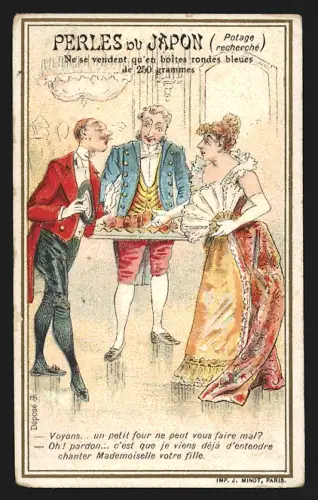 Sammelbild Zwei elegante Personen mit Kellner, Perles du Japon A. Chapu