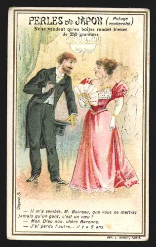 Sammelbild Zwei elegante Herrschaften bei einer Veranstaltung, Perles du Japon A. Chapu