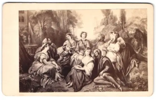 Fotografie unbekannter Fotograf und Ort, Gruppe edler Damen und Herren in idyllischer Landschaft nach einem Gemälde