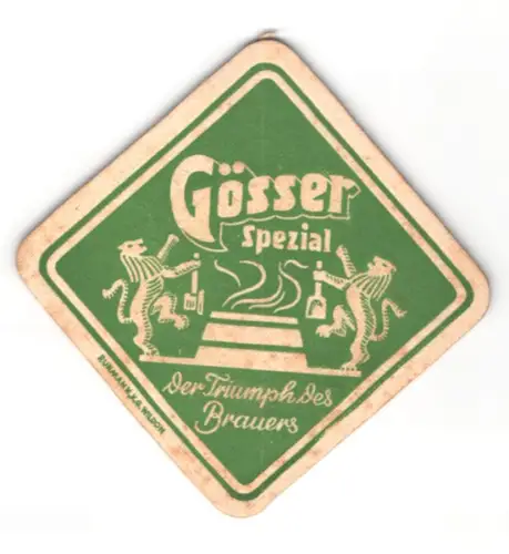 Bierdeckel Gösser Spezial, Triumph des Brauers, Emblem mit Löwen
