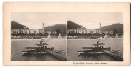 Stereo-Fotografie O. H. Meder, Leipzig, Ansicht Schandau /Sächs. Schweiz, Blick über die Elbe auf die Hotelanlagen