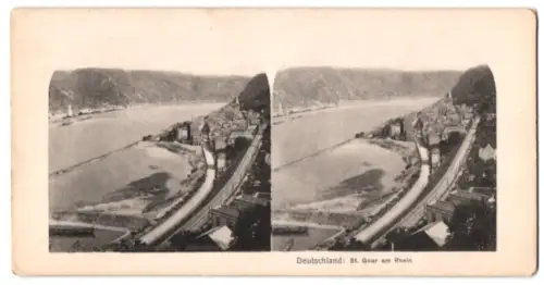 Stereo-Fotografie O. H. Meder, Leipzig, Ansicht St. Goar am Rhein, Blick auf den Ort und die Eisenbahnstrecke