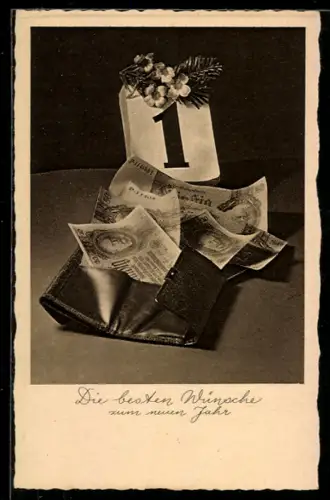 AK Geldscheine in einer Geldbörse unter dem Kalenderblatt von Neujahr, Neujahrsgruss