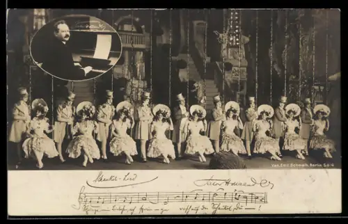 AK Viktor Hollaender am Klavier, Tänzer auf der Bühne, Notenzeile Schunkel-Lied