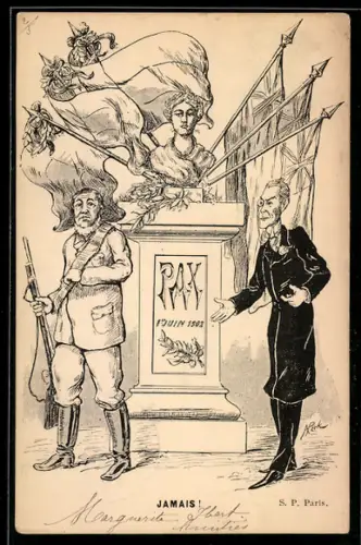 Künstler-AK Präsident der Buren Paul Krüger mit Bewaffnung, Friedensschluss vom 1.6.1902, Burenkrieg