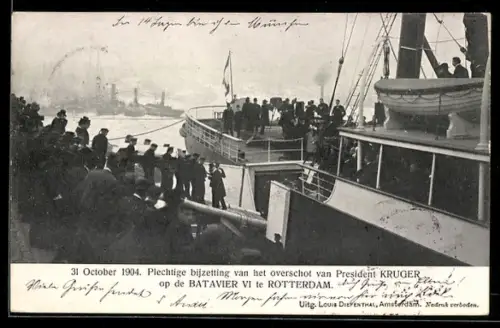 AK Rotterdam, Plechtige bijzetting van het overschot van President Kruger op de Batavier VI, 1904