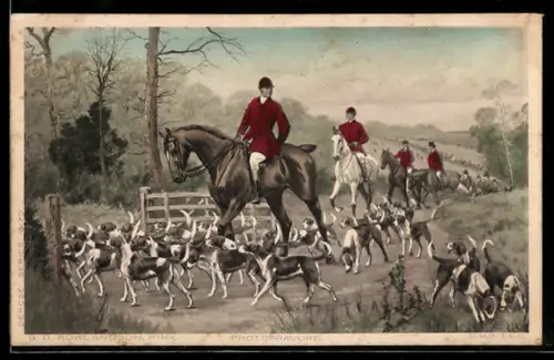 AK Jäger zu Pferde mit Hundemeute auf einer Strasse