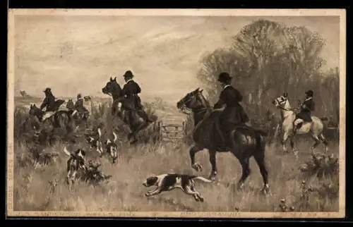 AK Jagdgesellschaft zu Pferde mit Hundemeute