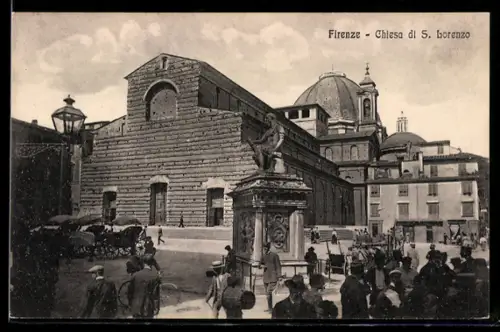 AK Firenze, Chiesa di S. Lorenzo con folla e carrozze