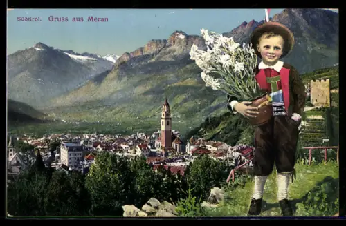 AK Merano, Bambino con fiori e vista panoramica sulla città e sulle montagne circostanti