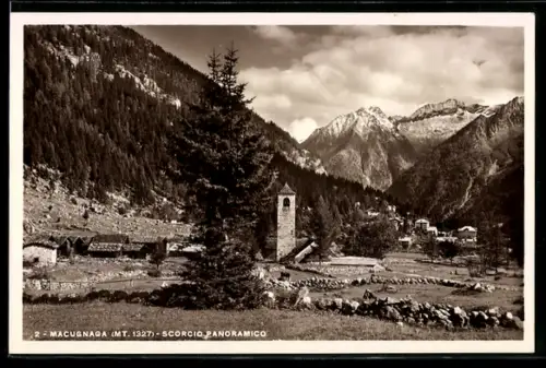 AK Macugnaga, Scorcio panoramico con chiesa e montagne sullo sfondo