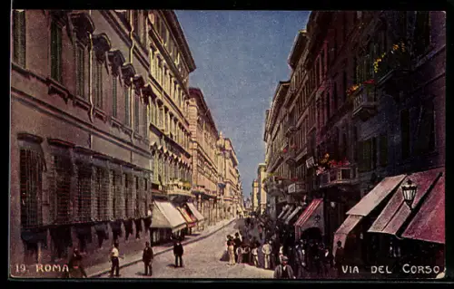 AK Roma, Via del Corso con passanti e palazzi storici