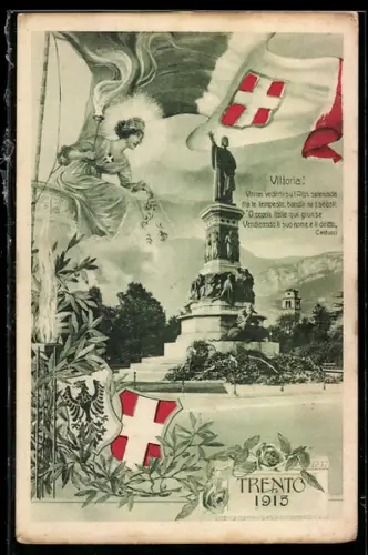 AK Trento, Monumento con figura allegorica e bandiere, 1915