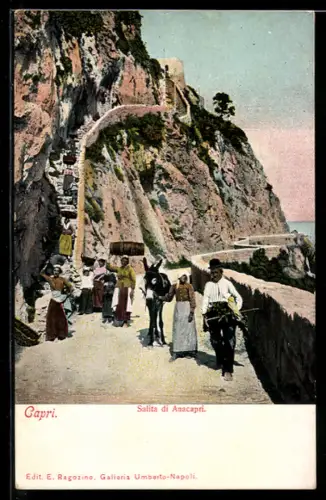 AK Capri, Salita di Anacapri con persone e asino su strada di montagna