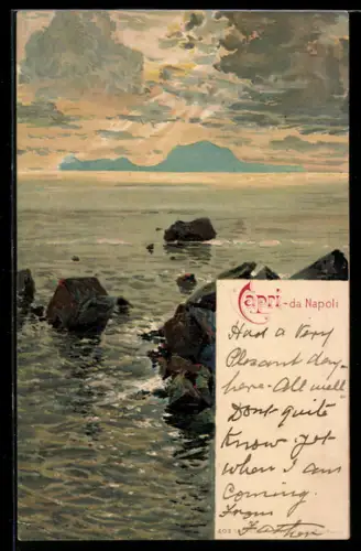 AK Capri, Veduta del mare con scogli al tramonto