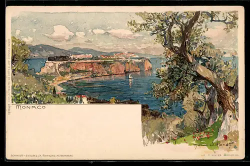Künstler-AK Manuel Wielandt: Monaco, Ortsansicht am Wasser