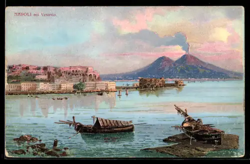 AK Napoli, Blick zum Ort mit dem Vulkan Vesuv, Boote
