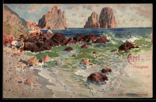 Lithographie Capri, I Faraglioni, Felsklippen am Ufer